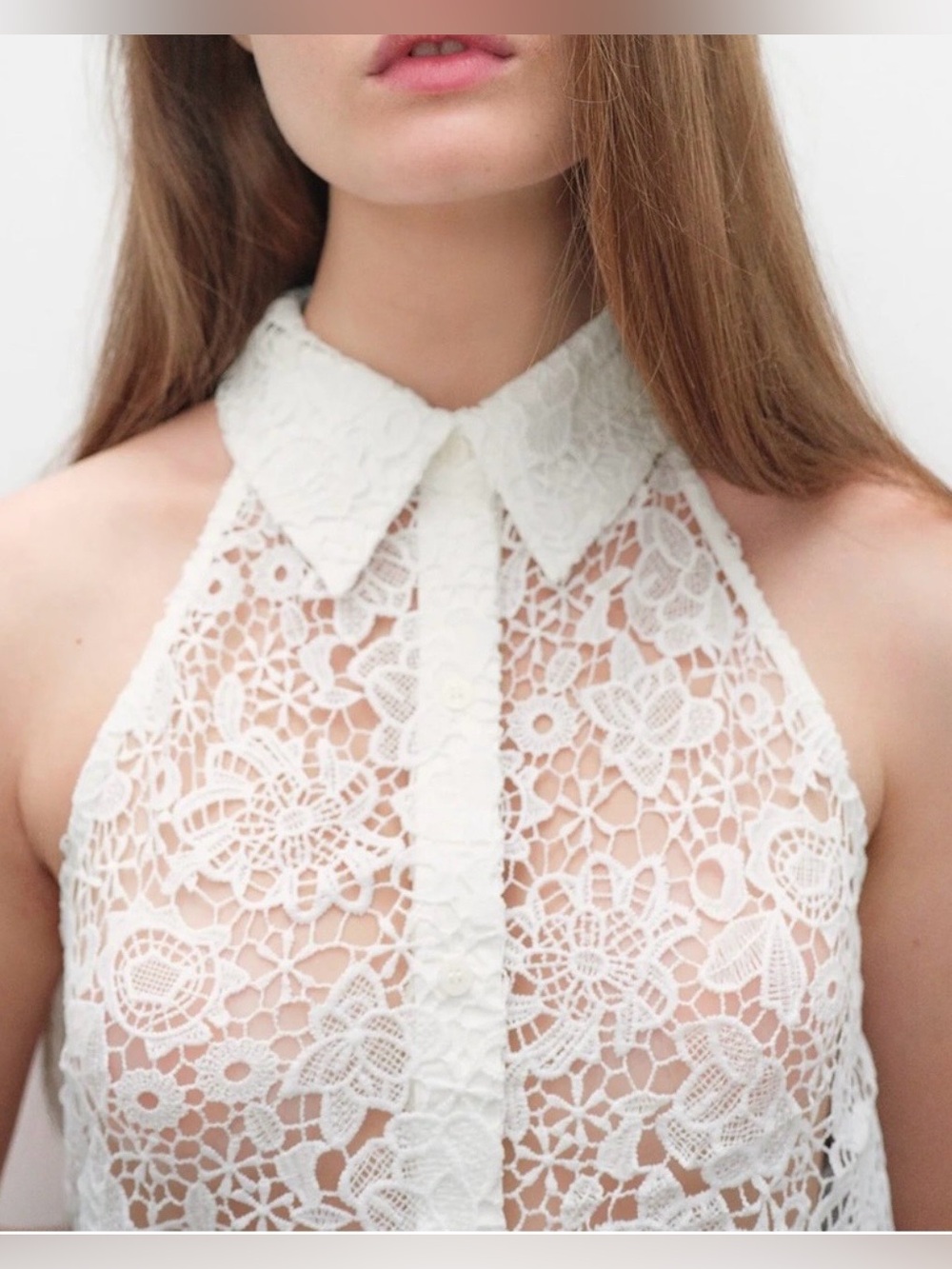Zara Collared Crochet Top—Sz. M, Button Down, Halter Cut, Waist Length - Picture 6 of 13